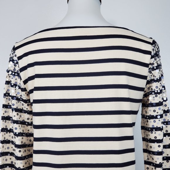 J. Crew Factory Black Tan Striped Sequin Confetti Pullover Knit Cotton Top Sz S - Picture 7 of 12